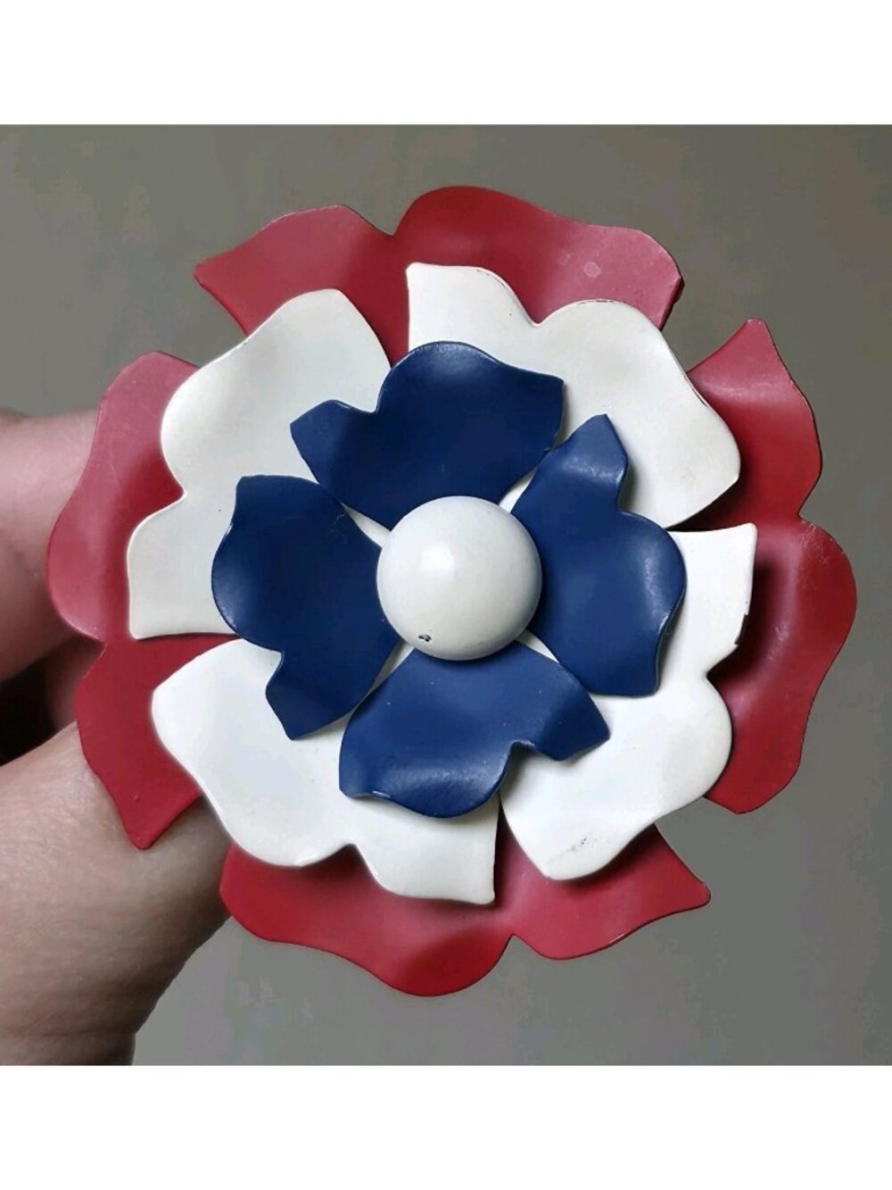 Vintage Enamel Flower Brooch Red White Blue Patriotic Americana
